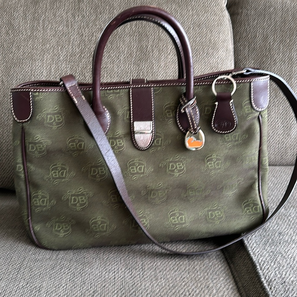 Green Dooney and Bourke canvas and leather shoulder bag with small cosmetic bag